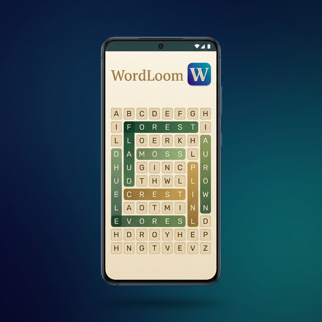 WordLoom app screenshot showing a calming word search puzzle on iOS and Android